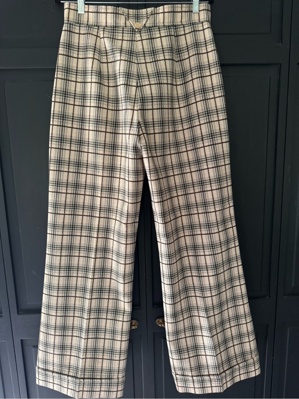 Vintage K-Mart Women’s Plaid Wide-Leg Trousers in Beige, Brown and Green.